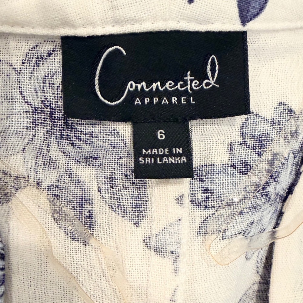 Connected Apparel Floral V Neck Linen Blend Midi Dress‎ Size 6 White Blue - Picture 2 of 9